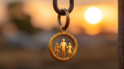 A symbolic golden family silhouette pendant hangs from a rustic chain bathed in the warm glow of a golden hour sunset