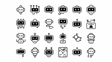 Collection of diverse cartoon robots with various expressions and activities, illustrated in a minimalist black and white style