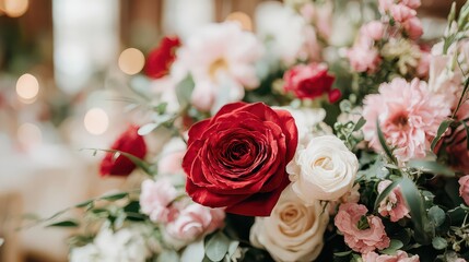 Close Up of Red Rose and Pink Flower Arrangement Centerpiece in Elegant Soft Lit Setting