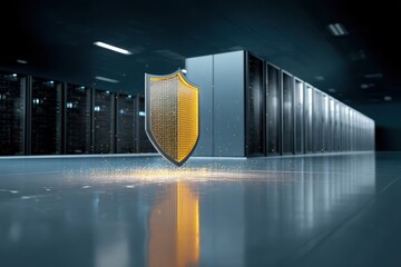 Illuminated Golden Shield Symbol in Dark Server Room Data Protection