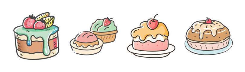 A delightful collection of hand-drawn dessert illustrations featuring colorful cakes and cupcakes