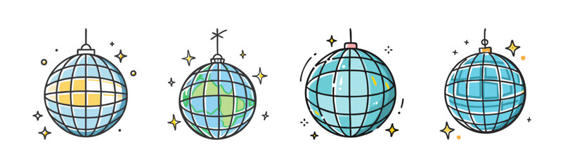 A collection of shimmering disco balls, some resembling a sparkling earth, perfect for celebration