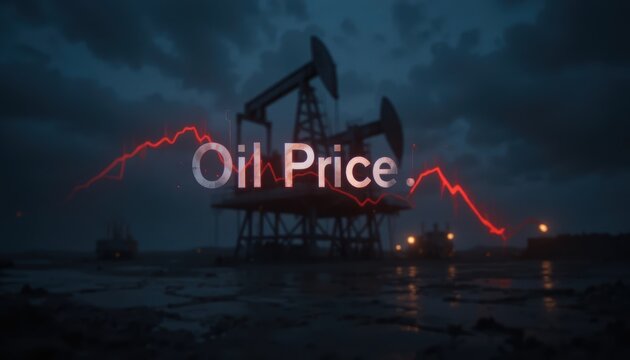Oil price trend with oil pump and market data during dusk hours Generative AI - Powered by Adobe