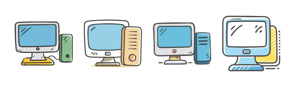 Doodle-style desktop computer collection with monitors and cpu towers