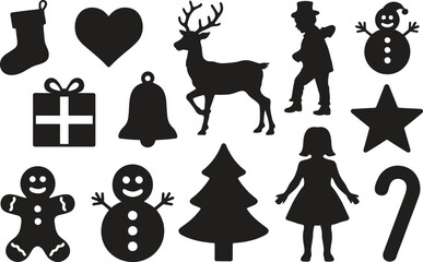 Christmas Silhouette Icon Set with Santa, Reindeer, Tree, Gift and Holiday Symbols Black Vector Illustration