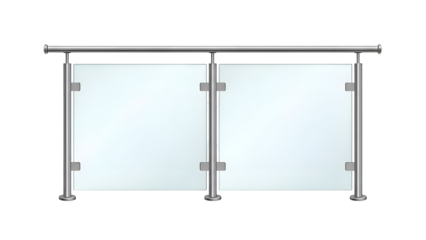 Modern staircase or balcony railing with stainless steel posts and frosted glass panels