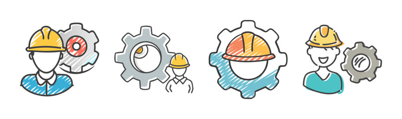 Industrial workers and gears doodle icons for construction and engineering concepts