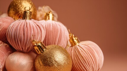 Close Up Shot of Gold and Pink Decorative Christmas Ornaments in a Pile on a Pink Background with Soft Studio Lighting