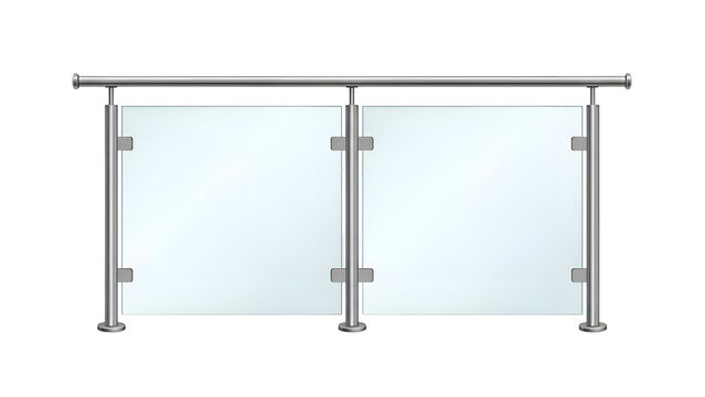 Modern staircase or balcony railing with stainless steel posts and frosted glass panels