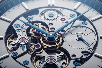 Intricate watch mechanism with exposed gears and blue hands