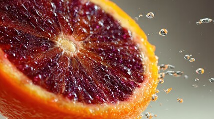Closeup of Blood Orange Half with Water Droplets in Bright Lighting Against Neutral Background