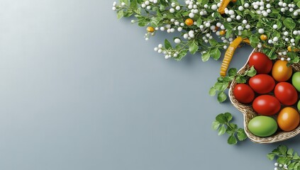 A rustic basket overflowing with colorful Easter eggs sits nestled amongst vibrant spring greenery, creating a festive Easter scene