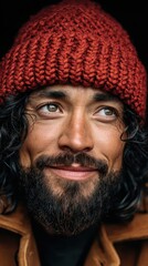 A man with a beard and curly hair wears a red knitted hat, gazing thoughtfully upward