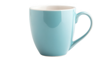 Glossy light blue ceramic coffee mug with a smooth handle against a stark for product display