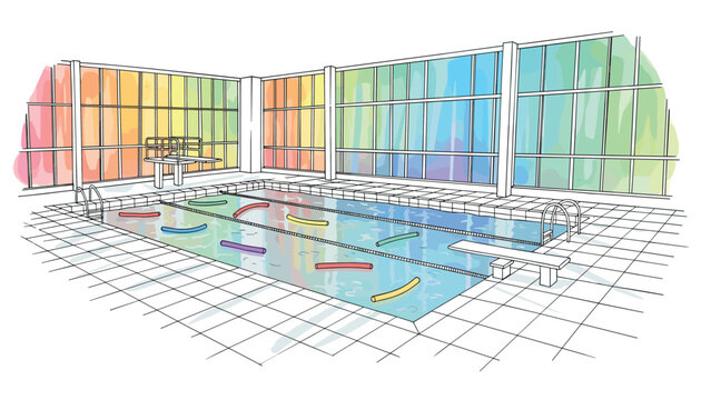Colorful indoor pool with noodles and diving board in linear art style
