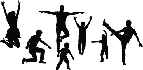Active people silhouettes jumping and moving energetically, joyful human motion concept, adults and children expressing freedom isolated on white background