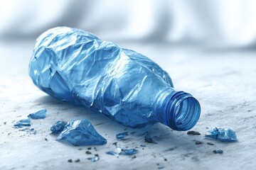 Crushed Blue Plastic Bottle Debris on Textured Gray Surface Symbolic of Environmental Pollution and Waste with Blurred Background in Soft Lighting