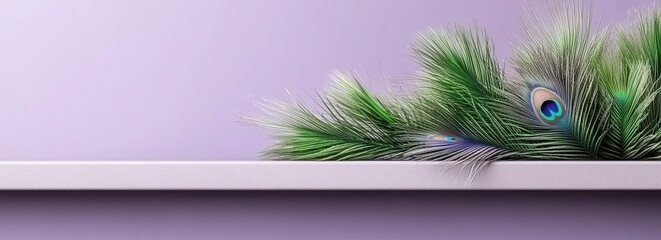 Elegant peacock feathers rest on a minimalist white shelf against a soft lilac wall, creating a serene and stylish scene