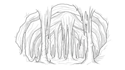Intricate line drawing of mysterious underground cavern with stalactites and stalagmites