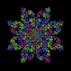 A vibrant, kaleidoscopic eight-pointed starburst on a black backdrop. The fractal design boasts a colorful spectrum of blues, greens, yellows, and purples