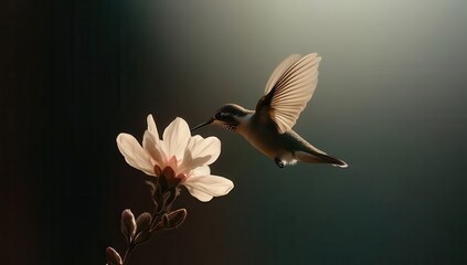 A hummingbird delicately sips nectar from a pale blossom, wings outstretched in mid-flight, bathed in soft light