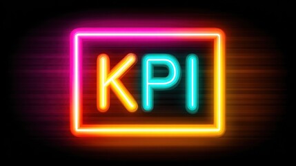 Bright Neon KPI Sign Glowing in Colorful Frame with Dark Background for Performance Measurement Futuristic