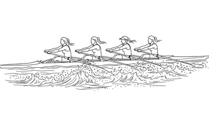 Fototapeta premium Team of rowers in action: outline of four women rowing together in sync