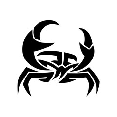 A striking tribal crab logo featuring sharp, curved lines and a bold black silhouette. Ideal for seafood branding, beach-themed sports teams, or unique tattoo designs.