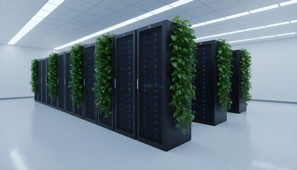 Rows of server racks with lush green plants growing on them are situated in a modern white room with fluorescent lighting.