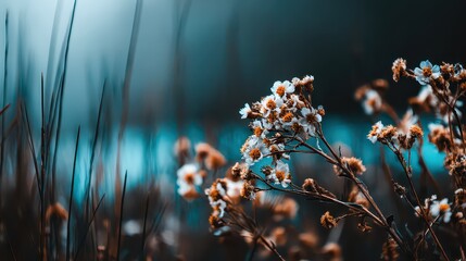 Delicate White and Brown Wildflowers with Dark Green Stems in Soft Focus on Blue Green Background