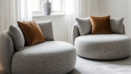 Cozy living room with two modern ottoman chairs and decorative pillows