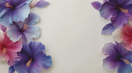 Detailed Floral Illustration of Red Purple and Blue Hibiscus Flowers with Intricate Pattern on a Light Beige Background Creating a Decorative Border