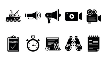Bold silhouette icons of communication, exploration, and achievement tools