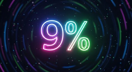 A vibrant neon graphic showcases the number 9 with a percentage symbol set against a swirling dark background