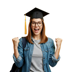 Happy young graduate woman celebrating success and feeling triumphant on graduation day