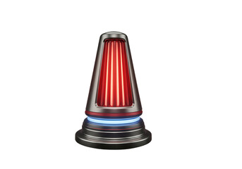 A sleek, futuristic high-tech beacon device glowing with red and blue light