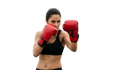 Determined female fighter in black sports bra and red boxing gloves isolated on black background