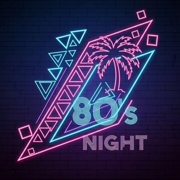 A vibrant neon graphic with a retro vibe. Features geometric shapes, a palm tree silhouette, and text celebrating the 80's. Set against a dark brick background