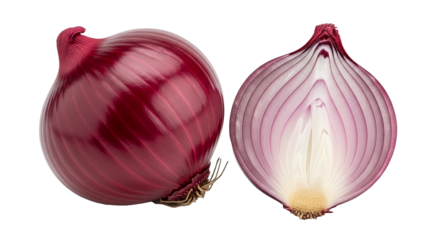 Vibrant red onion, whole and perfectly halved, showcasing freshness for gourmet culinary creations on transparent background.