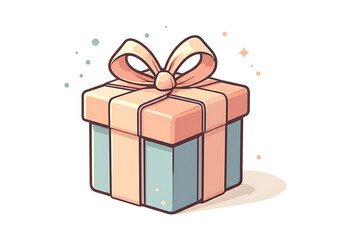 A cute cartoon illustration of a pastel-colored gift box with a pink ribbon