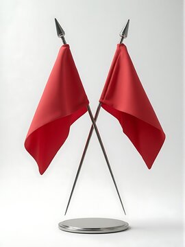 Red Flags Crossed on Silver Stand in Minimalist Display