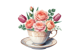 A beautiful watercolor illustration of vintage teacup filled with delicate pink roses and tulips on a transparent background.