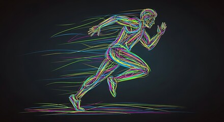 A vibrant, neon-colored illustration depicts a human figure mid-run. Lines of dynamic color flow creating a sense of movement