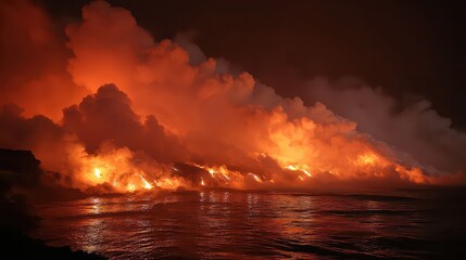 Dramatic Orange Lava Flowing into the Ocean at Night with Steam and Dark Sky Reflecting Red Light on Water Surface