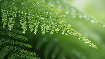 Close up of dew kissed green fern fronds in natural sunlight