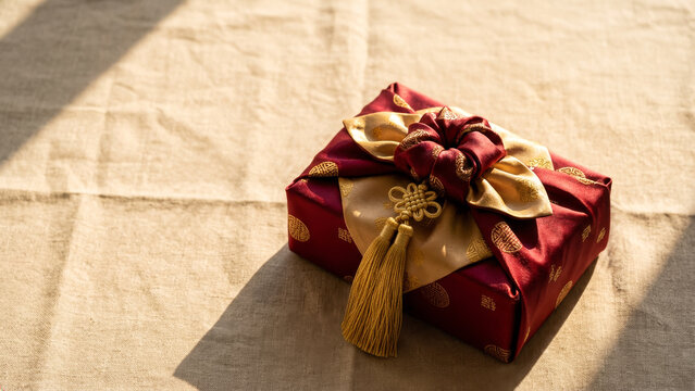 Luxury red and gold Korean Bojagi gift box with traditional knot in warm sunlight