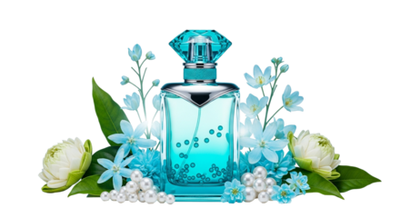 Enchanting blue perfume bottle adorned with delicate flowers and pearls, ideal for feminine luxury branding on transparent background