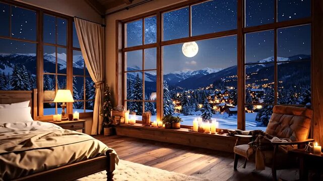 A cozy bedroom with a snowy mountain view. A large window, bed, and armchair create a warm atmosphere
