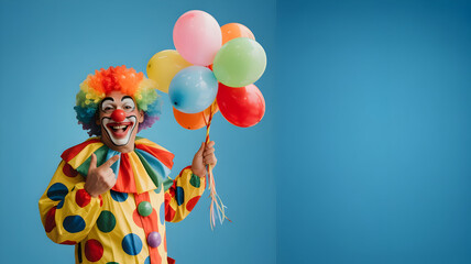 Fototapeta premium A colorful clown holding a bunch of balloons in a playful scene