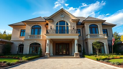 Elegant residence entrance with architectural details under a clear blue sky, exuding luxury.